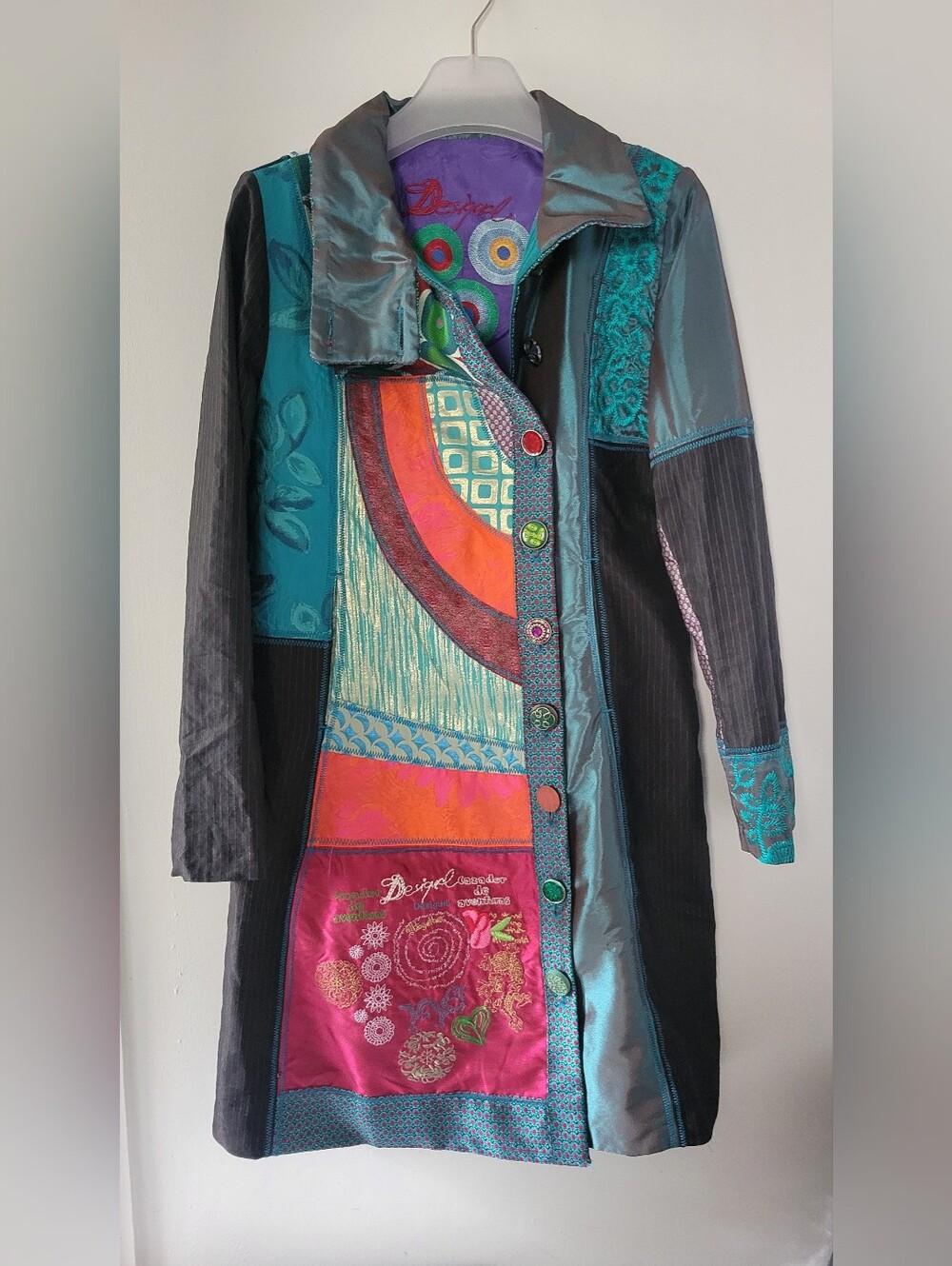 Desigual "Lady Blue" Patchwork Embroidered Long Coat - Size 40